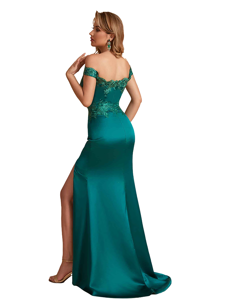 Sexy Silky Satin Lace Off The Shoulder Mermaid Side Slit Long Bridesmaid Dresses Online
