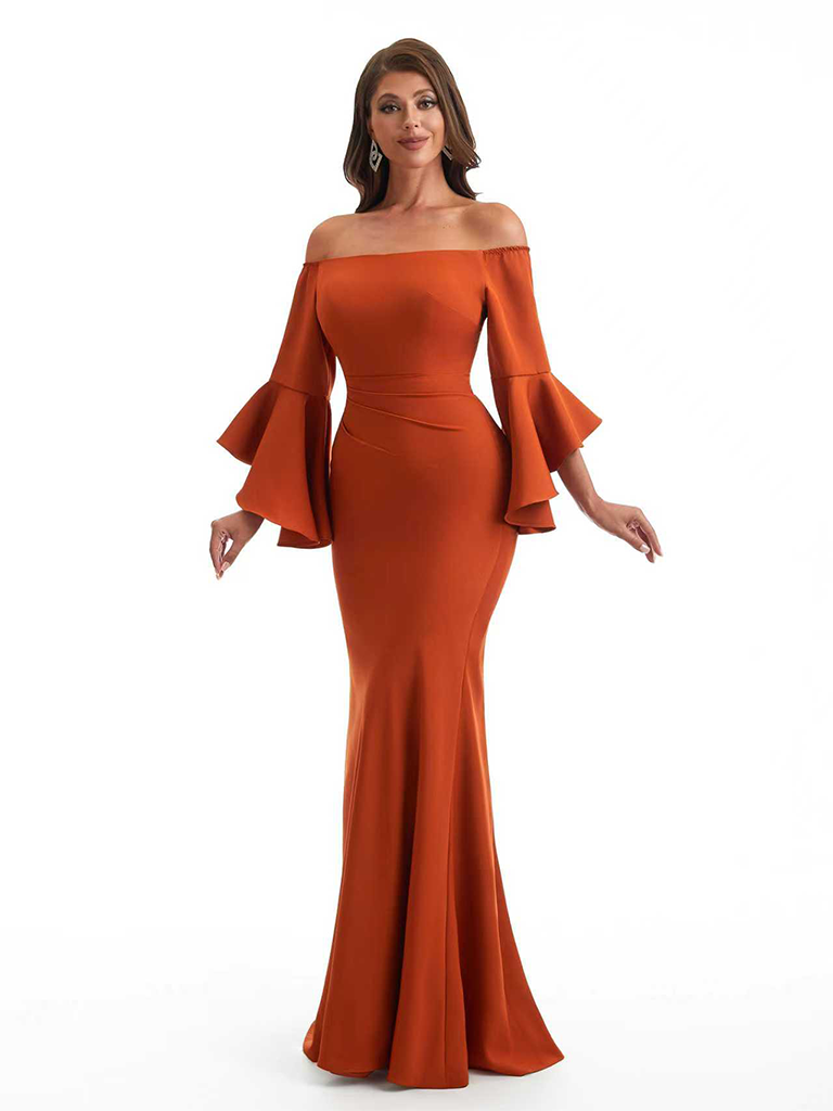 Elegant Bell Sleeves Off The Shoulder Mermaid Stretchy Crepe Long Evening Formal Dress