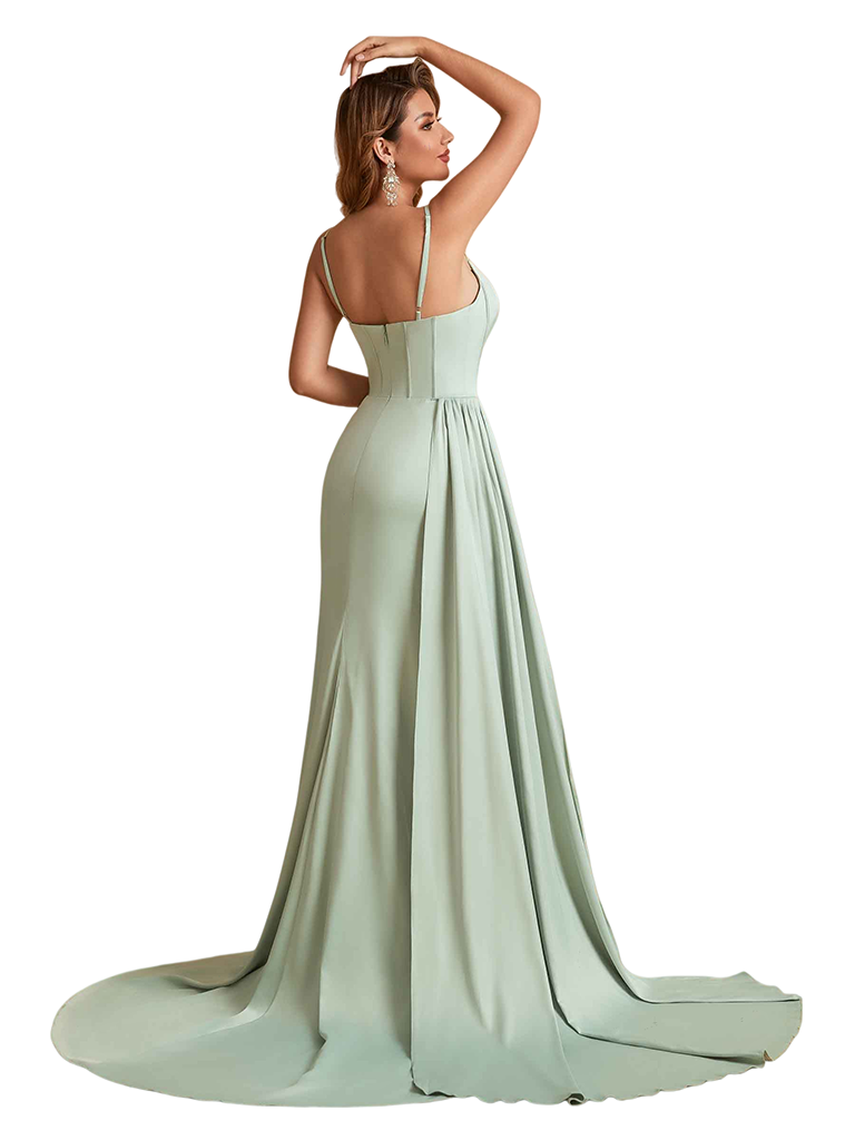 Elegant Spaghetti Straps Boning Soft Satin Mermaid Side Slit Long Bridesmaid Dresses