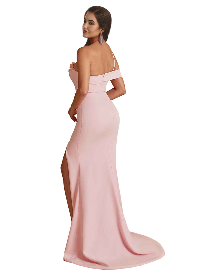 Elegant One Shoulder Mermaid Handmade Flower Satin Long Bridesmaid Dresses Side Split