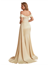 Elegant Silky Satin Off The Shoulder Lace Mermaid Side Slit Long Bridesmaid Dresses Online