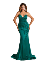 Sexy Criss Cross V-Neck Ruched Mermaid Soft Satin Long Bridesmaid Dresses Online