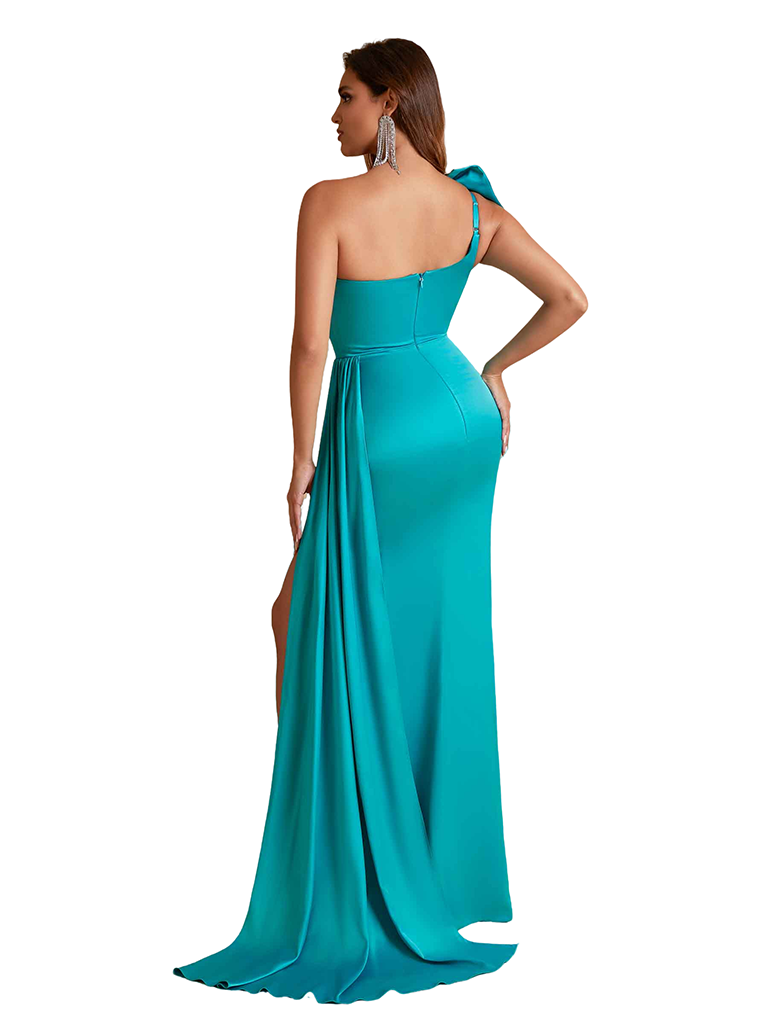 Sexy One Shoulder Bow Knot Side Split Mermaid Silky Satin Long Bridesmaid Dresses