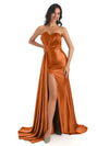 Asymmetric Neckline Mermaid Soft Satin Side Slit Floor-Length Mermaid Bridesmaid Dresses In Stock