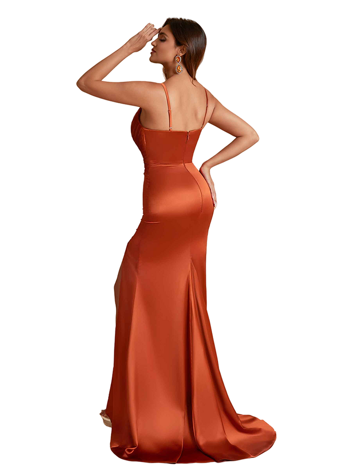 Sexy Mermaid Silky Satin Long Bridesmaid Dresses Spaghetti Straps Side Split