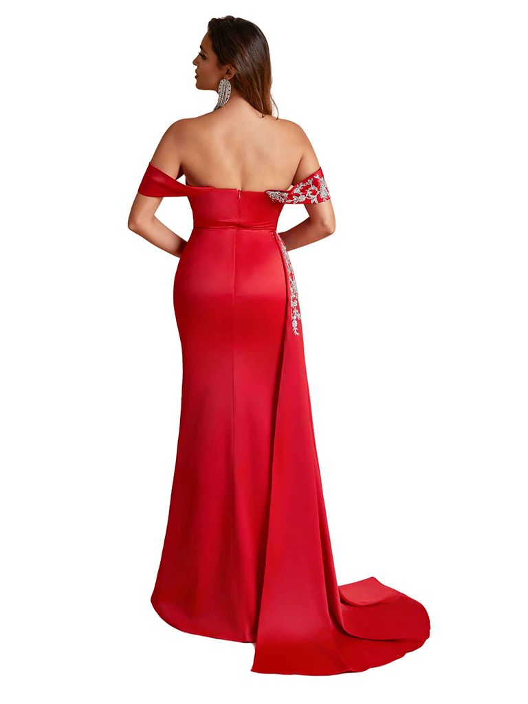 Luxury Sexy Off The Shoulder Lace Silky Satin Long Bridesmaid Dresses Side Slit