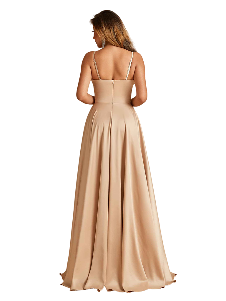 Sexy Spaghetti Straps Soft Satin A-Line Side Slit Pretty Long Bridesmaid Dresses Online