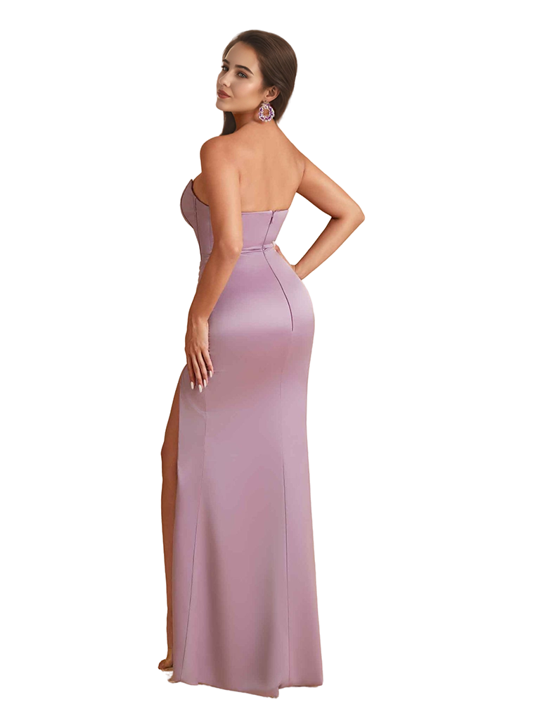 Sexy Sweetheart Mermaid Silky Satin Unique Long Bridesmaid Dresses Side Slit