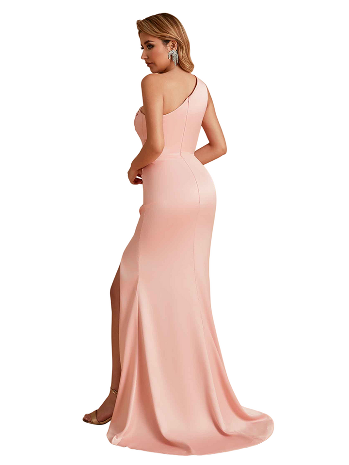Unique One Shoulder Mermaid Side Slit Soft Satin Long Bridesmaid Dresses Online