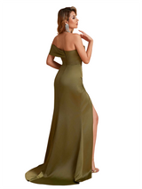 Sexy Silky Satin One Shoulder Mermaid Side Slit Ruched Long Bridesmaid Dresses