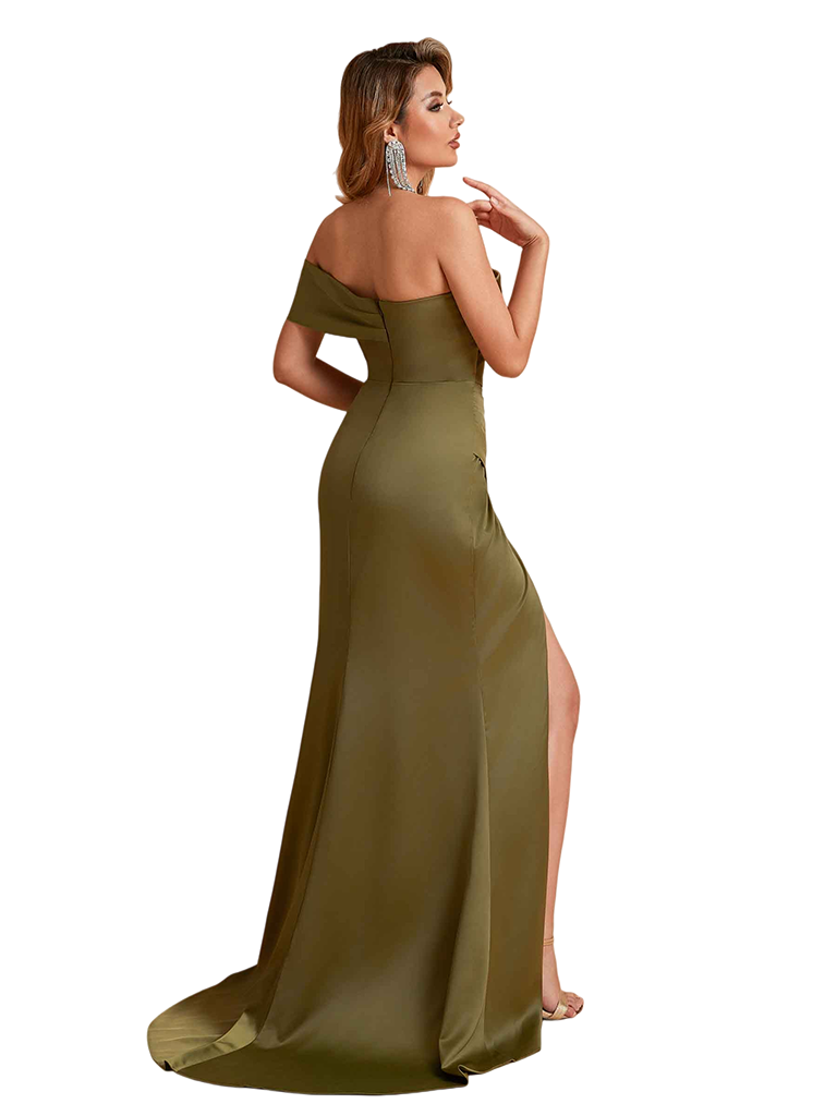 Sexy Silky Satin One Shoulder Mermaid Side Slit Ruched Long Bridesmaid Dresses
