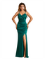 Sexy Spaghetti Straps Side Slit Mermaid Soft Satin Ruched Floor-Length Bridesmaid Dresses