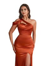 Sexy Silky Satin One Shoulder Mermaid Side Slit Long Bridesmaid Dresses Online