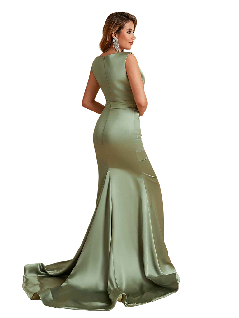 Elegant Silky Satin Bateau Simple Mermaid Pretty Long Bridesmaid Dresses