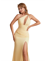 Sexy Silky Satin One Shoulder Mermaid Side Slit Ruched Long Bridesmaid Dresses Online