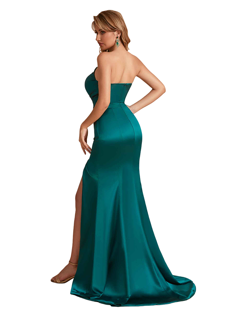 Elegant Silky Satin Asymmetric Mermaid Side Slit Maxi Bridesmaid Dresses Online