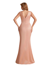 Elegant V-Neck Silky Satin Mermaid Simple Long Bridesmaid Dresses Online