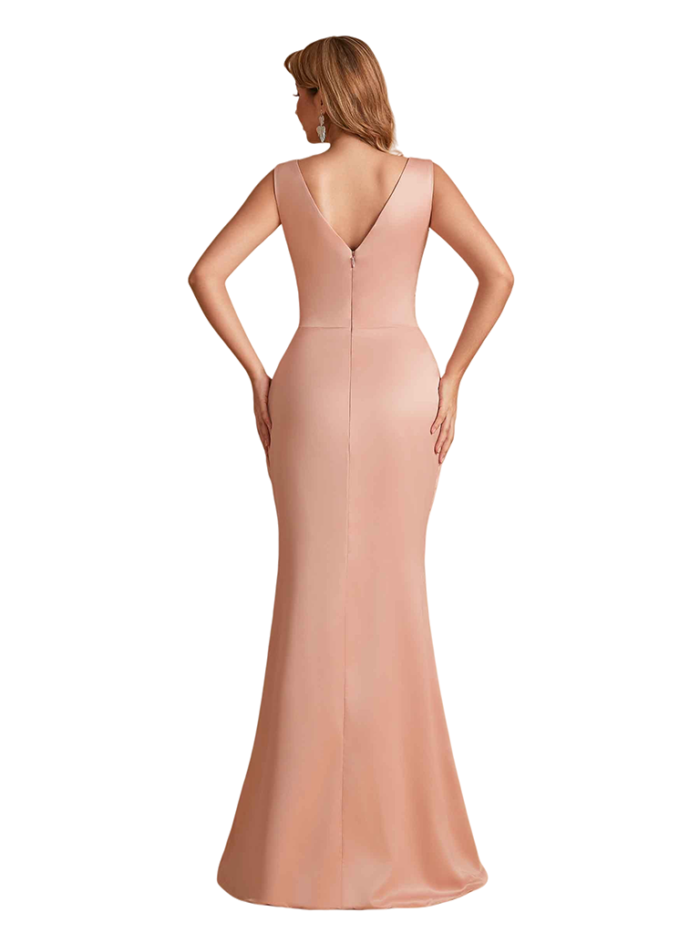 Elegant V-Neck Silky Satin Mermaid Simple Long Bridesmaid Dresses Online