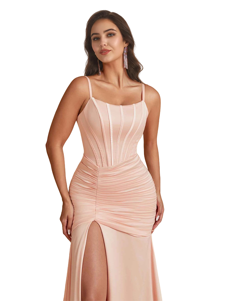 Elegant Spaghetti Straps Mermaid Pleated Silky Satin Unique Long Bridesmaid Dresses Slit