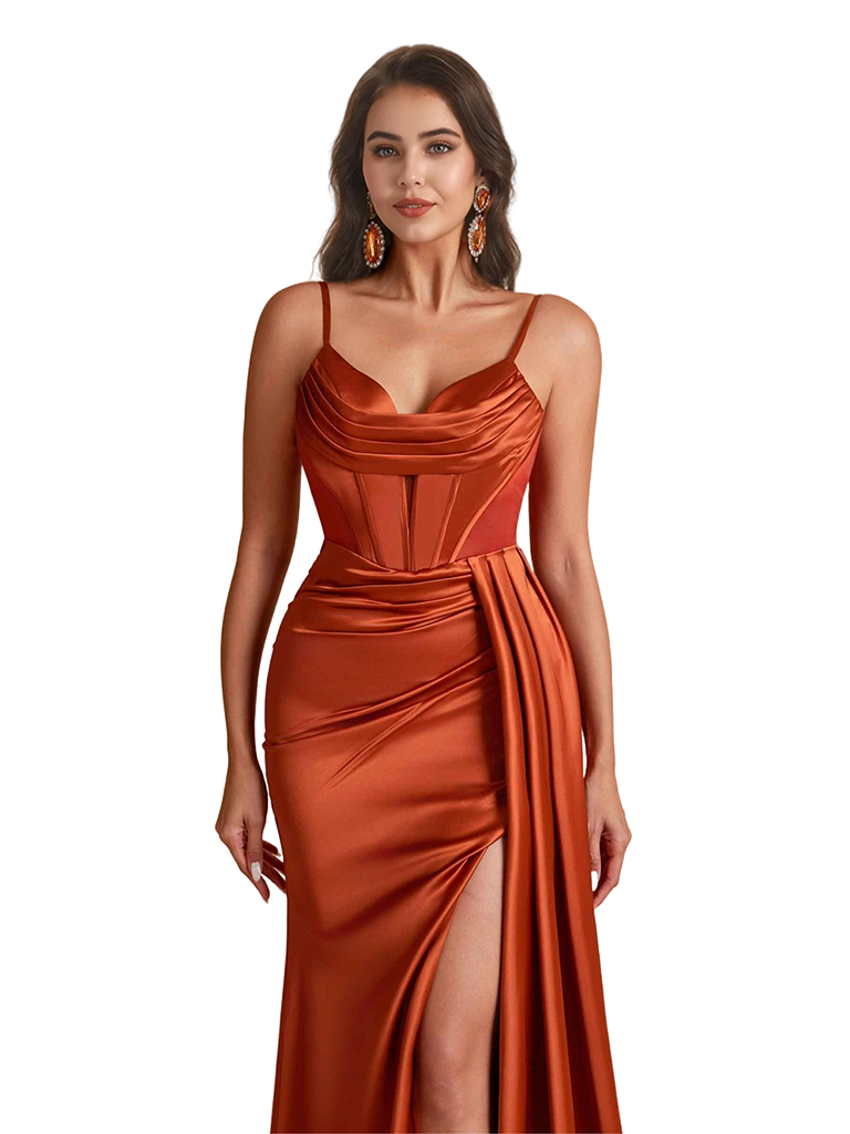 Sexy Siliy Satin Boning Mermaid Side Split Long Bridesmaid Dresses Spaghetti Straps