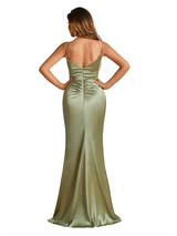 Elegant Spaghetti Straps V-Neck Soft Satin Simple Mermaid Side Slit Long Bridesmaid Dresses Online