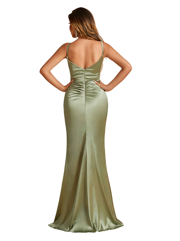 Elegant Spaghetti Straps V-Neck Soft Satin Simple Mermaid Side Slit Long Bridesmaid Dresses Online