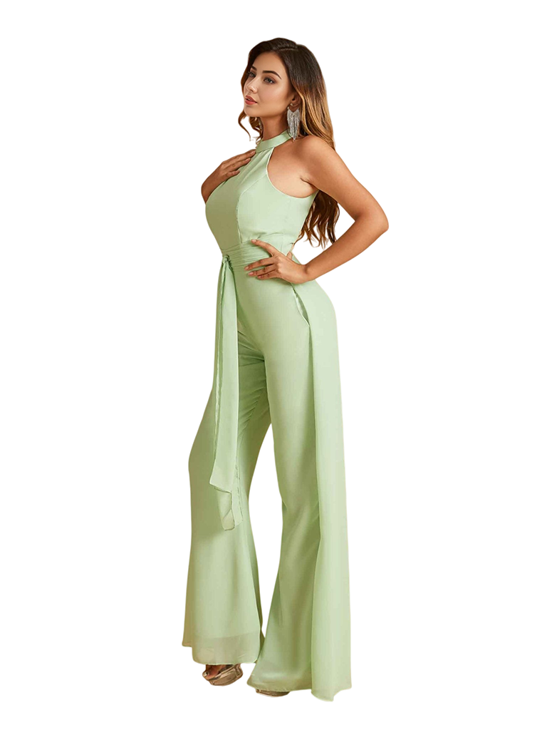 Elegant High Neck Chiffon Long Women's Pantsuit Jumpsuit For Bridesmaids