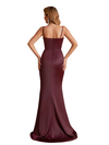 Unique Silky Satin Spaghetti Straps Mermaid Side Slit Ruched Long Bridesmaid Dresses