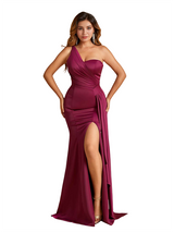 Sexy One Shoulder Mermaid Soft Satin Long Bridesmaid Dresses Side Slit