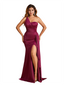 Sexy One Shoulder Mermaid Soft Satin Long Bridesmaid Dresses Side Slit