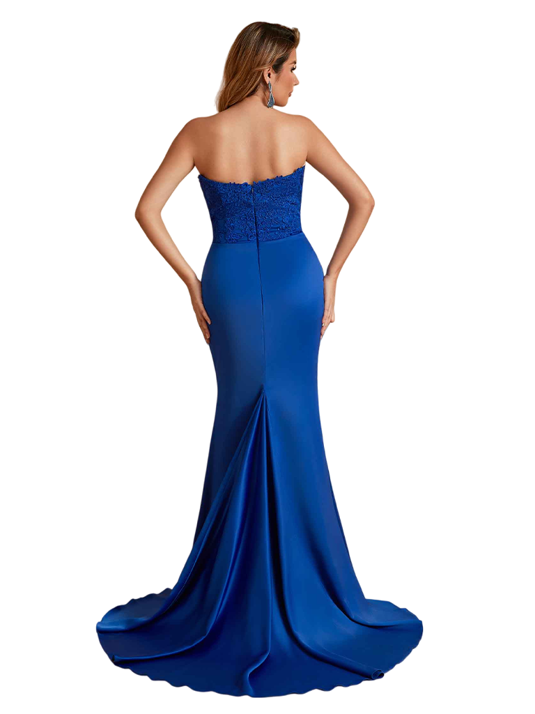 Sexy Strapless Lace Top Soft Satin Mermaid Side Slit Long Bridesmaid Dresses Online