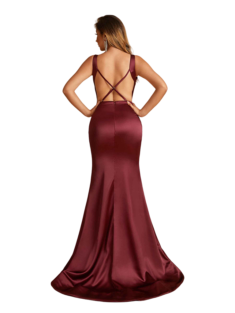 Sexy Spaghetti Straps V-Neck Mermaid Beauty Soft Satin Bridesmaid Dresses