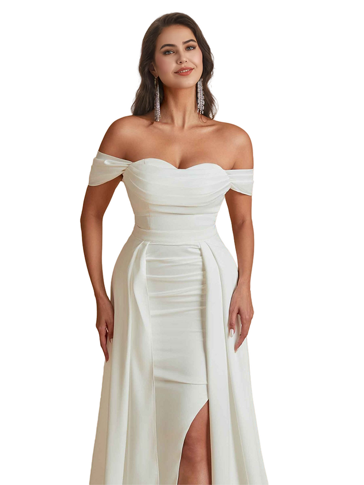 Unique Elegant Off The Shoulder Mermaid Silky Satin Long Bridesmaid Dresses Side Split