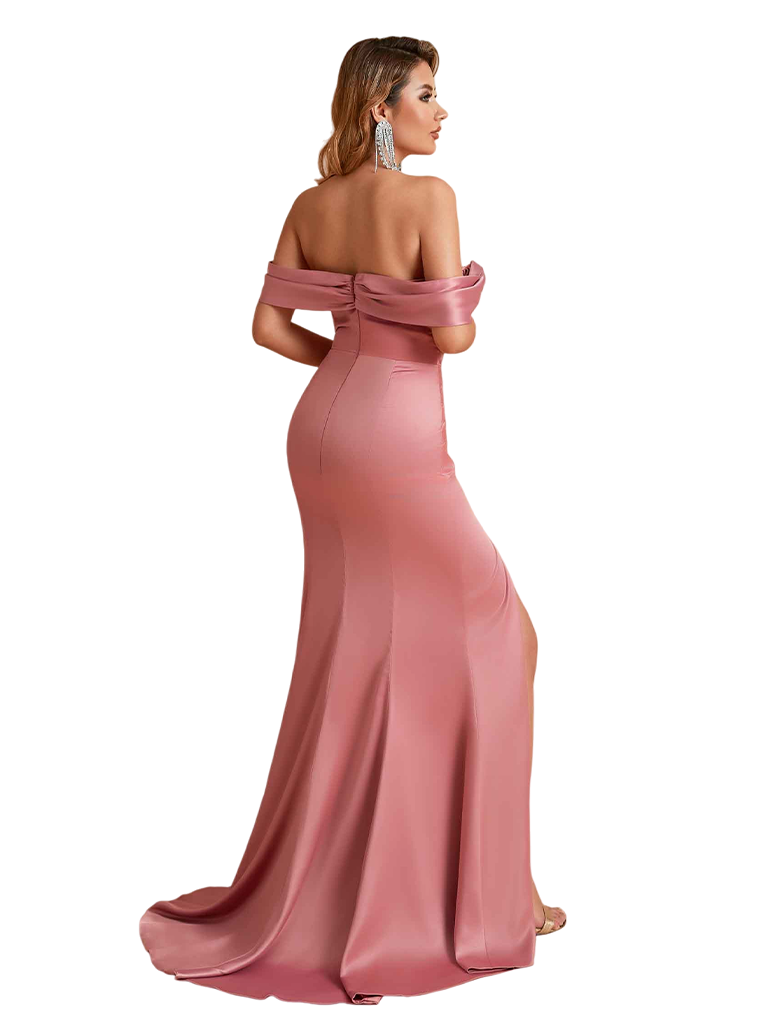 Sexy Off Shoulder Mermaid Side Slit Silky Satin Long Bridesmaid Dresses