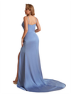 Sexy Silky Satin Deep V-Neck Spaghetti Straps Mermaid Side Slit Ruched Long Bridesmaid Dresses