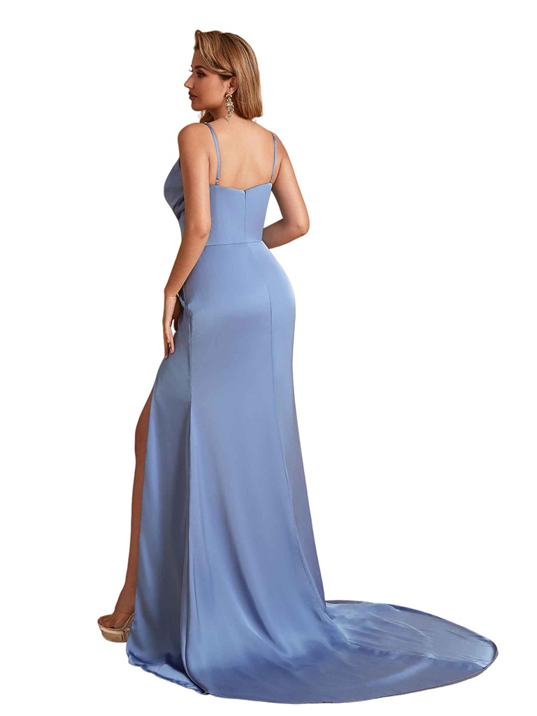 Sexy Silky Satin Deep V-Neck Spaghetti Straps Mermaid Side Slit Ruched Long Bridesmaid Dresses