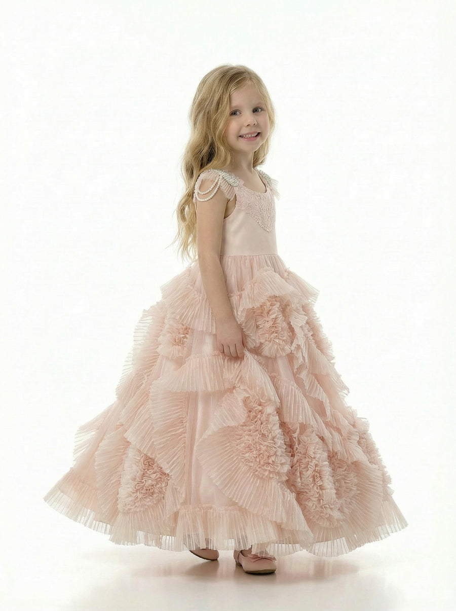 Beautiful Beaded Cap Sleeves Round Neck Lace Ruffle Tulle A-Line Flower Dress For Kids