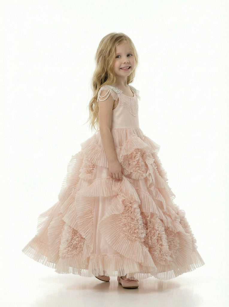 Beautiful Beaded Cap Sleeves Round Neck Lace Ruffle Tulle A-Line Flower Dress For Kids