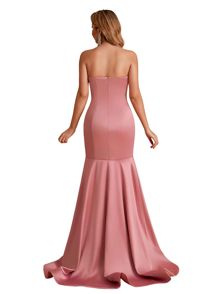 Sexy Silky Satin Sweetheart Mermaid Side Slit Ruched Long Bridesmaid Dresses