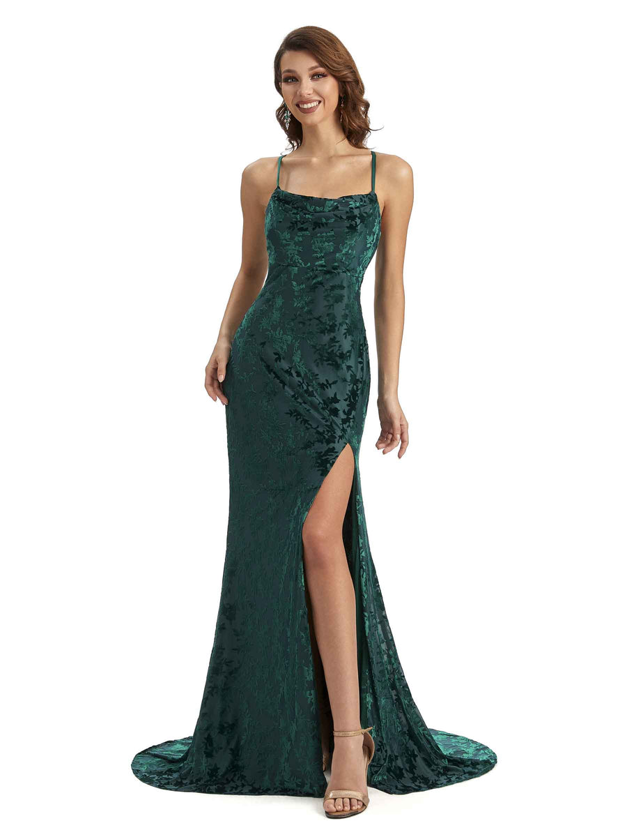 Sexy Spaghetti Straps Side Slit Mermaid Floral Velvet Wedding Guest Dresses Online