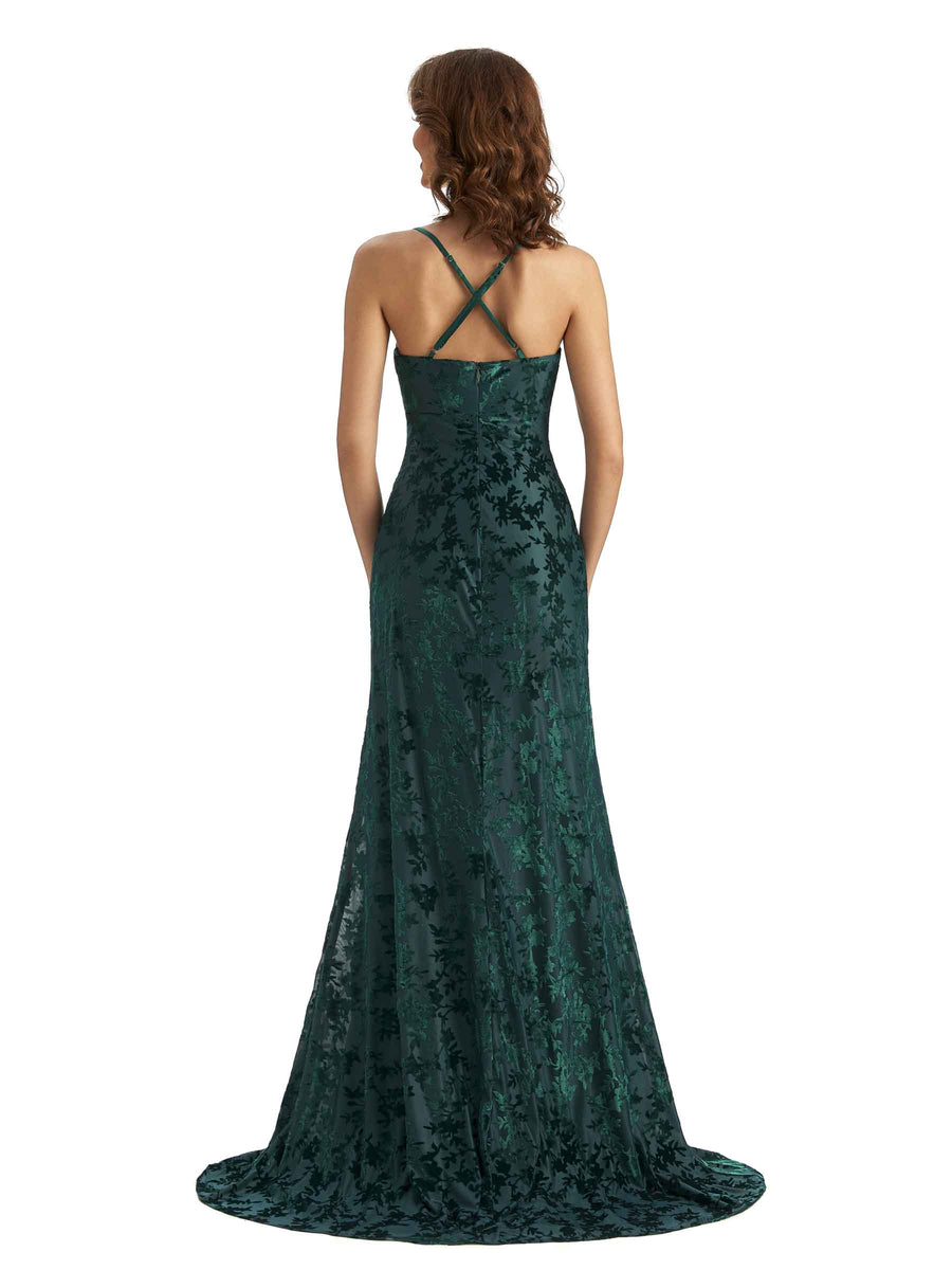 Sexy Spaghetti Straps Side Slit Mermaid Floral Velvet Wedding Guest Dresses Online