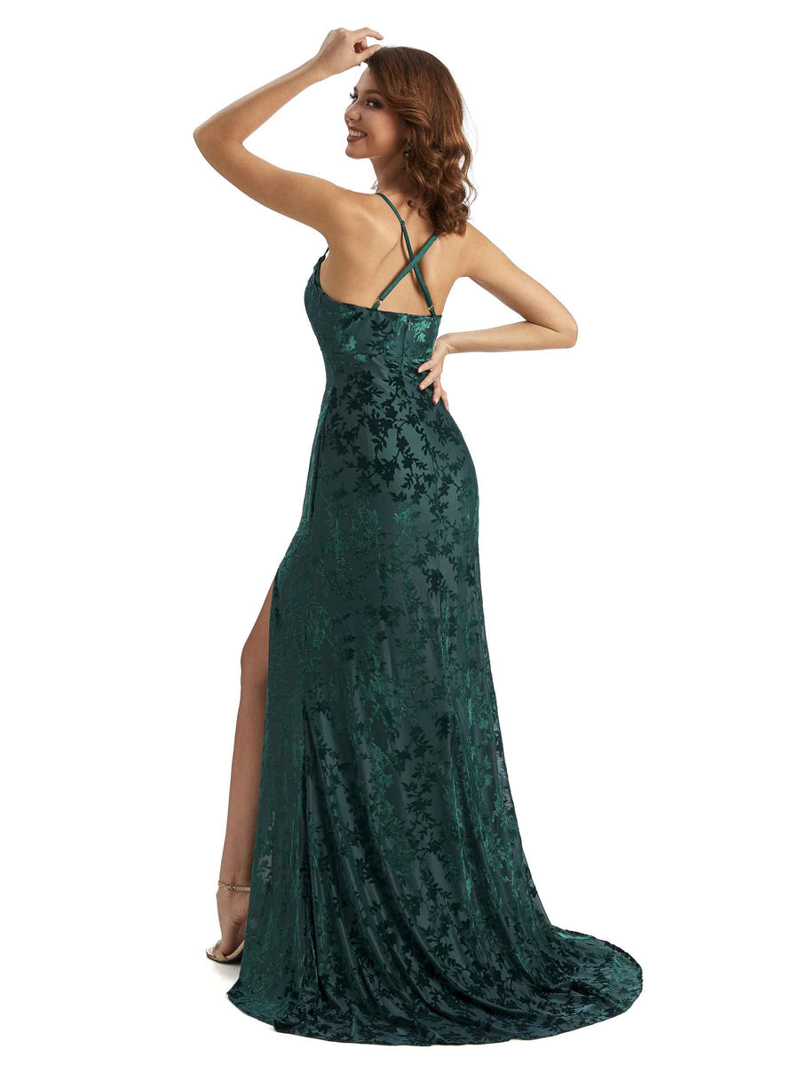 Sexy Spaghetti Straps Side Slit Mermaid Floral Velvet Wedding Guest Dresses Online