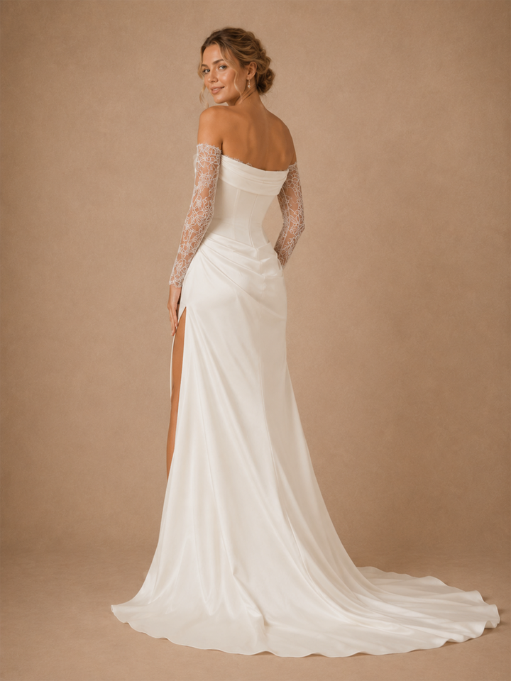 ChicSew Sexy Ruching Long Sleeves Satin Mermaid Floor-Length Wedding Dress With Side Slit