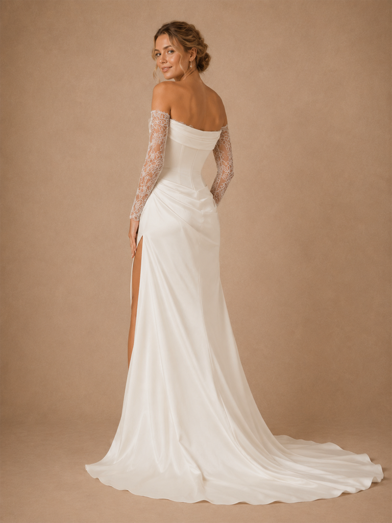 ChicSew Sexy Ruching Long Sleeves Satin Mermaid Floor-Length Wedding Dress With Side Slit