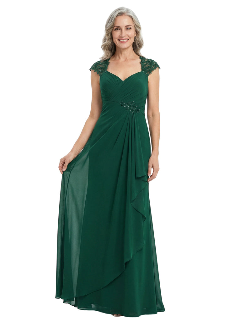 ChicSew V-Neck Cap Sleeve Lace Applique Beaded Waist Ruffle Detail Floor Length Chiffon Mom Of The Groom Dresses