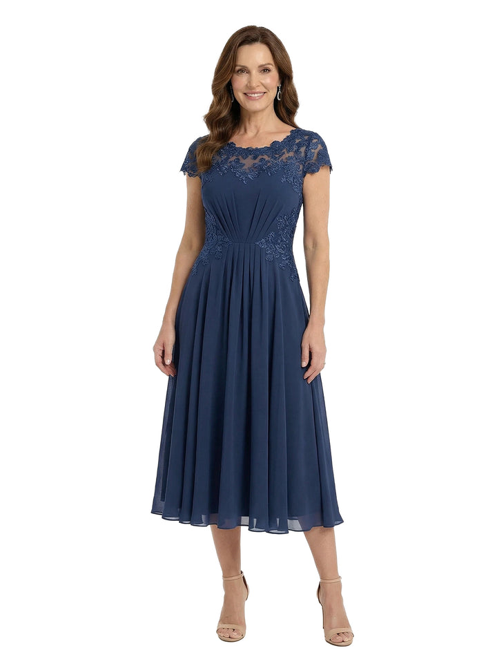 ChicSew Jewel Short Sleeve Lace Illusion Ruched Bodice A-Line Tea Length Chiffon Mother Of The Bride Dresses