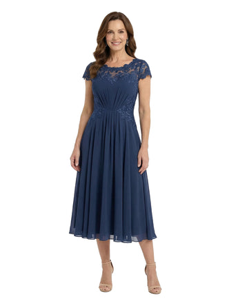 ChicSew Jewel Short Sleeve Lace Overlay Ruched Bodice A-Line Tea Length Chiffon Sophisticated Mother Of The Bride And Groom Dresses