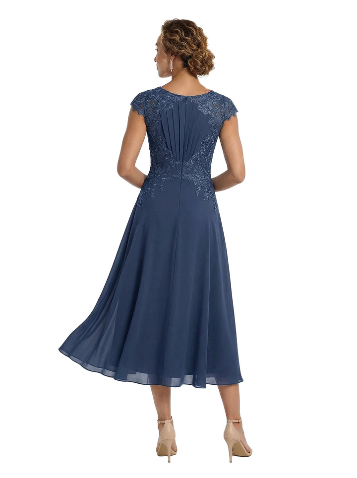 ChicSew Jewel Short Sleeve Lace Illusion Ruched Bodice A-Line Tea Length Chiffon Mother Of The Bride Dresses