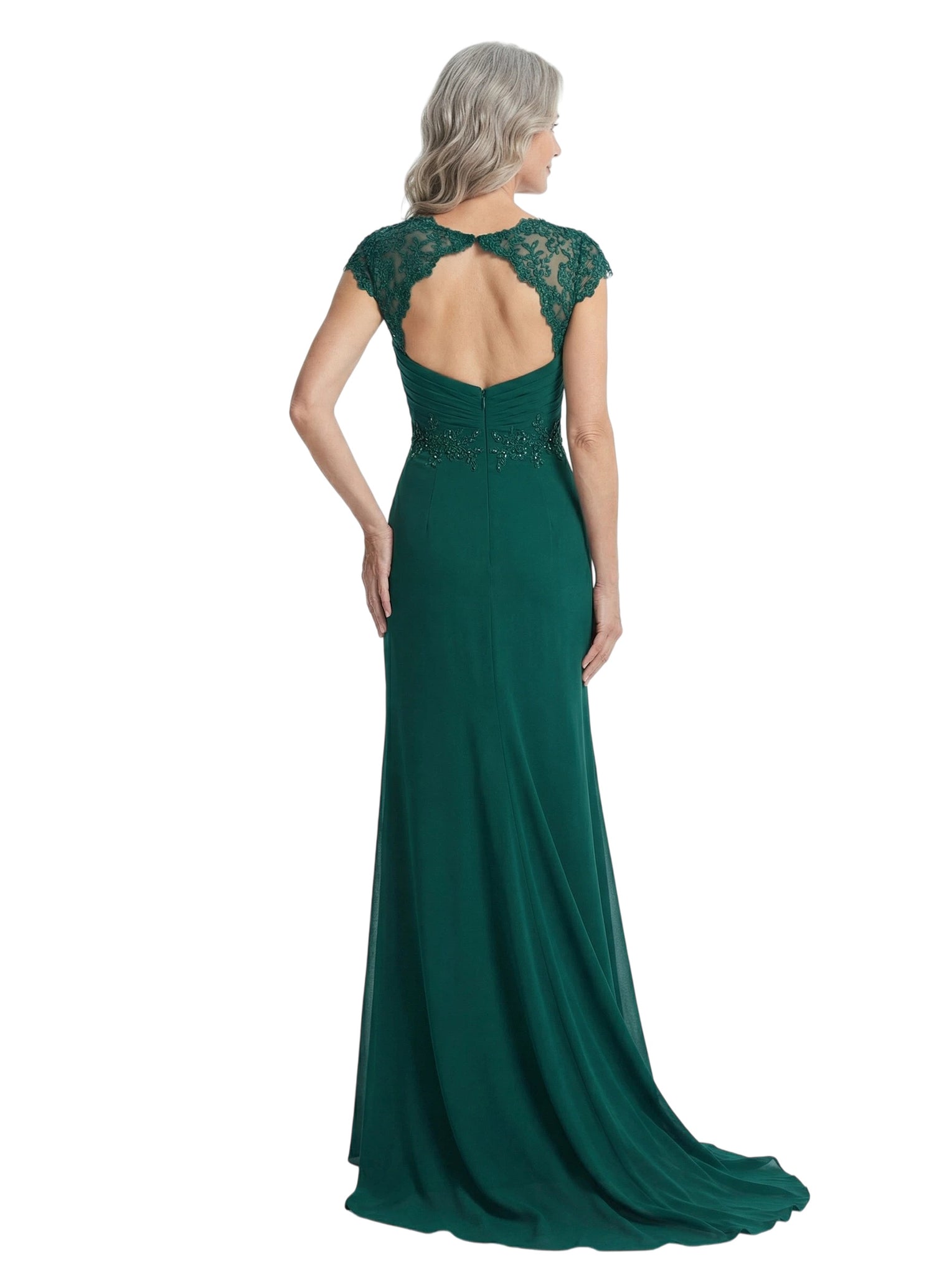 ChicSew V-Neck Cap Sleeve Lace Applique Beaded Waist Ruffle Detail Floor Length Chiffon Mom Of The Groom Dresses