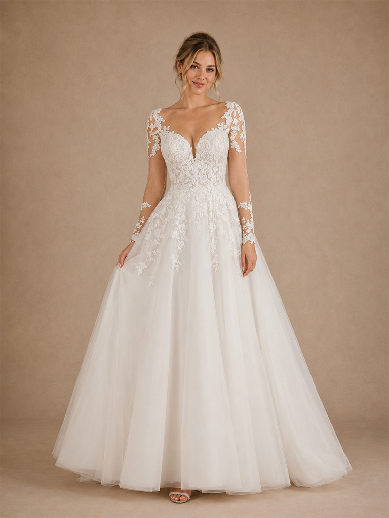 ChicSew Elegant V-Neck Long Sleeves Open Back A-Line Lace Tulle Wedding Dress